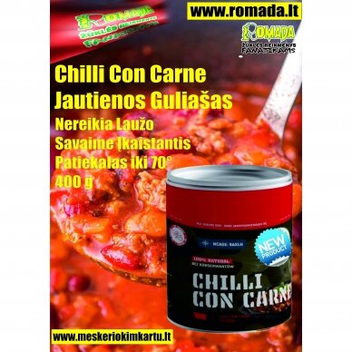 Chilli Con Carne Jautienos Guliašas 400g - Tai Revoliucinis savaime įkaistantis patiekalas Puikiai tinka Stovyklavimui Žygiams Darbui Žvejybai ir Medžioklei