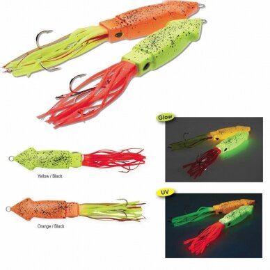 Kalmarų imitacija Squid Glow UV Yellow/Black 230g Halibutų Didelių Menkių Žvejybai Norvegijoje