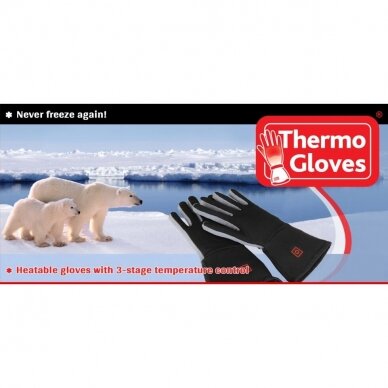 Žieminės Elektrinės Šildomos pirštinės su Power Banku Firmos Thermo Gloves EU Dydis (L - XXL) turi 3 skirtingus temperatūros lygius: 34 °C, 39 °C ir 44 °C.