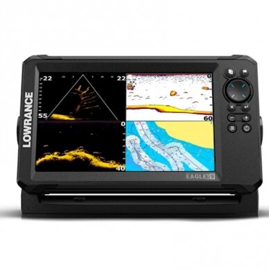 Naujas Eagle Eye™ 9” & Worldwide Base Map Live Lowrance Transducer su integruota Ypatingai sufokusuotas gyvas sonaras sujungiamas su CHIRP ir DownScan Imaging™ su FishReveal™ viename 9