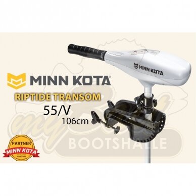 Naujas Elektrinis Variklis Minn Kota  Riptide Transom 55/V 106cm ilgiu turi bepakopį pavarų perjungimą, „Digital Maximizer“, kuris padidina baterijos veikimo laiką iki 5 kartų.